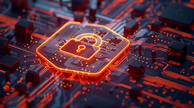 Digital padlock on a computer circuit board.