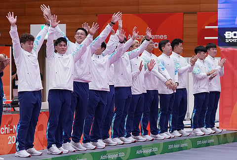 Bronze medalist team Taiwan pose on the podium during the medal ceremony of the men's kabaddi at the Asian Games in Tokai City, Japan, Saturday, Sept. 26, 2026.