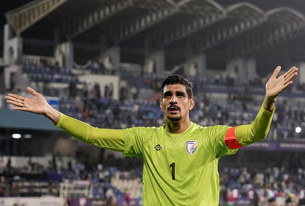 India's Goalkeeper Gurpreet Singh Sandhu, 1, greets fans after a FIFA International Friendly 2026 football match between India and Panama, in Bengaluru, Karnataka, Friday, Sept. 25, 2026. The match ended in a draw 1-1.  - | Photo: PTI/Shailendra Bhojak