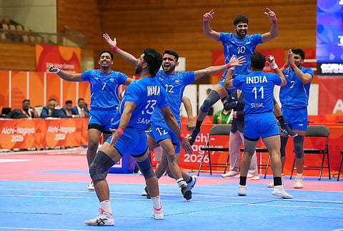 Indian players celebrate after defeating Iran in the men's kabaddi final at the Asian Games in Tokai City, Japan, Saturday, Sept. 26, 2026. 