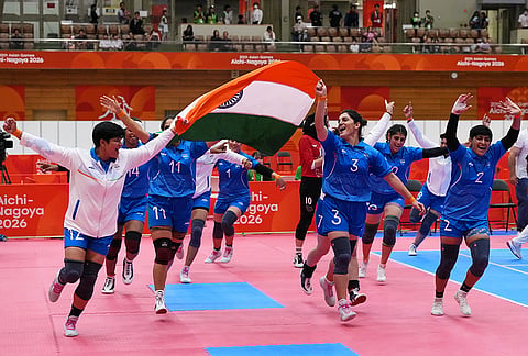 Indian players celebrate after winning the women's kabaddi final at the Asian Games in Tokai City, Japan, Saturday, Sept. 26, 2026. 

