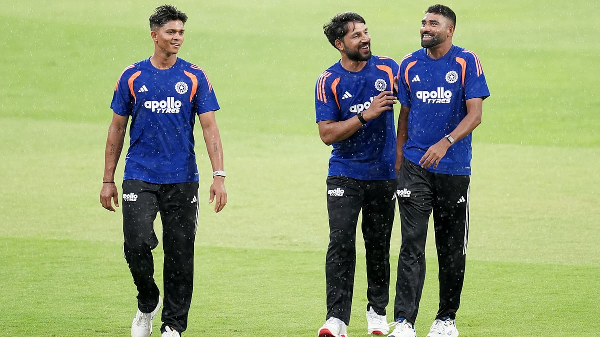 Yashasvi Jaiswal, Dhruv Jaiswal and Mohammed Siraj (Left To Right) during practice session ahead of the 1st ODI against West Indies at Greenfield International Stadium - | Photo: X/BCCI