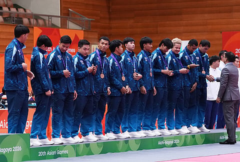 Bronze medalist team Thailand during the medal ceremony of the men's kabaddi at the Asian Games in Tokai City, Japan, Saturday, Sept. 26, 2026. 