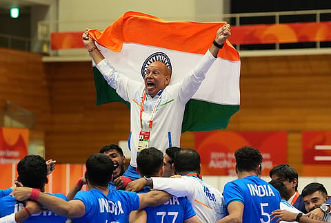 India's team coach Balwan Singh reacts after the men's kabaddi final against Iran at the Asian Games in Tokai City, Japan, Saturday, Sept. 26, 2026. 