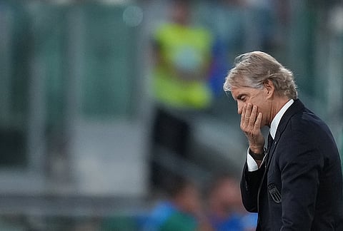 Italy head coach Roberto Mancini reacts during the Nations League soccer match between Italy and Belgium in Rome, Friday, Sept. 25, 2026. 