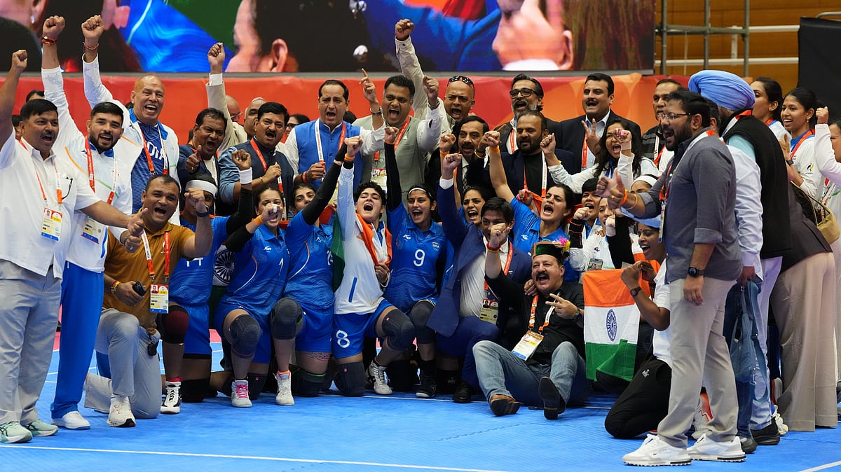 Indian players react after winning the women's kabaddi final at the Asian Games in Tokai City, Japan, Saturday, Sept. 26, 2026. - (AP Photo/Mark Baker)
