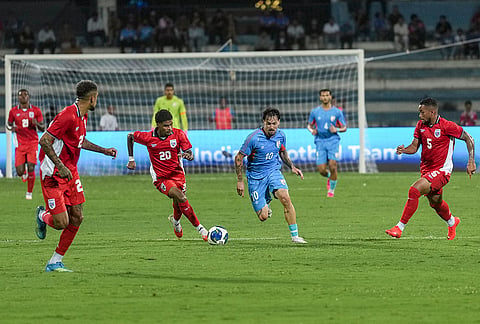 Indian midfielder Brandon Fernandes (10) dribbles past Panama's Giovany Aymar Herbert Forcheney (20) as captain César Blackman (2) and Victor Alfredo Griffith Mullins (5) close in during a FIFA International Friendly 2026 football match, in Bengaluru, Karnataka, Friday, Sept. 25, 2026. 