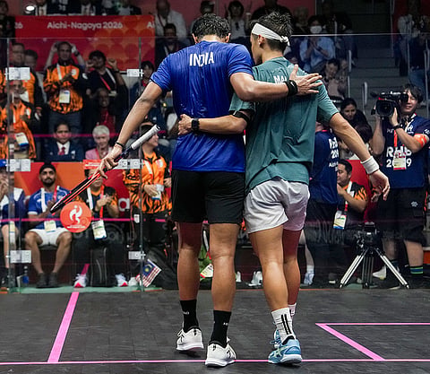 India’s Abhay Singh, lft, and Malaysia’s Eain Yow Ng during the men's singles final Squash match in the ongoing 20th Asian Games, in Nagoya, Japan.