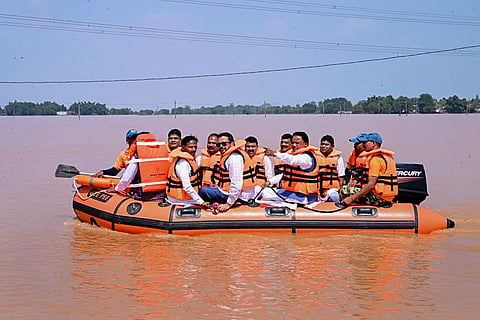 Koraput: Odisha Chief Minister Mohan Charan Majhi during a visit to the flood-affected areas, in Koraput.