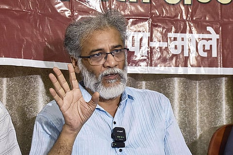 CPI (ML) Liberation General Secretary Dipankar Bhattacharya addresses a press conference, in Patna, Bihar.