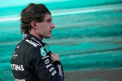 Mercedes driver Andrea Kimi Antonelli of Italy arrives in the pit-lane after the Formula One Azerbaijan Grand Prix auto race in Baku, Azerbaijan, Saturday, Sept. 26, 2026.