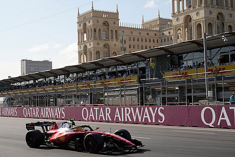 Ferrari driver Lewis Hamilton of Britain steers his car during the Azerbaijan F1 Grand Prix auto race, in Baku, Azerbaijan, Saturday, Sept. 26, 2026.