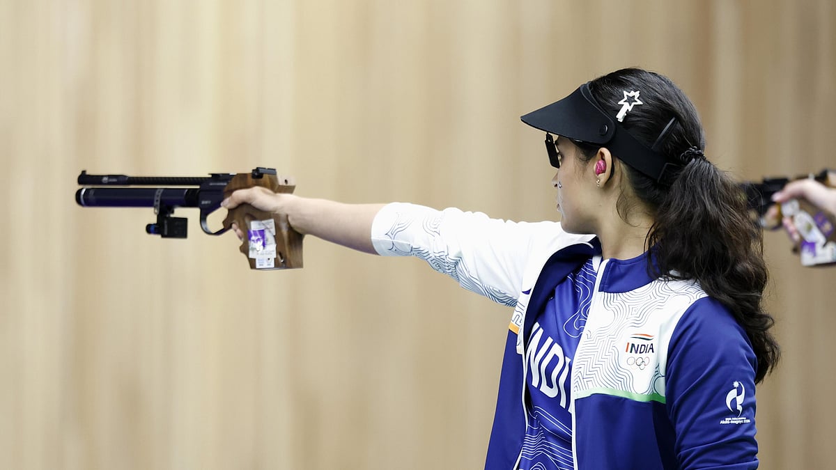 Manu Bhaker of India competes in the 10-meter air pistol women individual final at the Asian Games, in Toyota, Japan, Wednesday, Sept. 23, 2026. - (Kyodo News via AP)