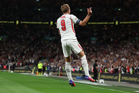 England's Harry Kane celebrates after scoring his sides second goal during the Nations League Soccer match between England and Spain in London, Saturday, Sept. 26, 2026.