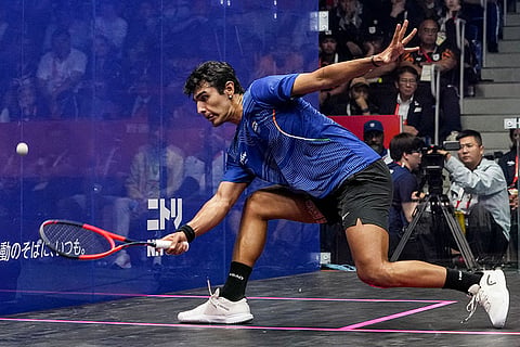 India’s Abhay Singh competes against Malaysia’s Eain Yow Ng during the men's singles final Squash match in the ongoing 20th Asian Games, in Nagoya, Japan.