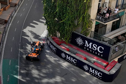 McLaren driver Oscar Piastri of Australia steers his car during the Azerbaijan F1 Grand Prix auto race, in Baku, Azerbaijan, Saturday, Sept. 26, 2026.