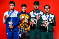 Asian Games 2026: Abhay Singh Claims Historic Men's Singles Squash Silver After Hard-Fought Final Battle | Photo: PTI/Arun Sharma : India’s Abhay Singh wins silver, Malaysia's Eain Yow Ng wins Gold and Pakistan's Noor Zaman and Muhammad Ashab Irfan wins Bronze medal in the men’s singles Squash event in the ongoing 20th Asian Games, in Nagoya, Japan.