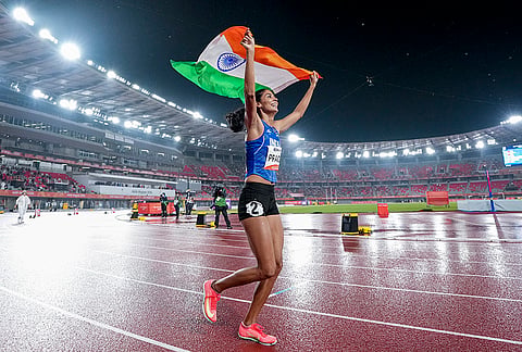 India's Prachi Choudhary celebrates after winning bronze medal in the women's 400m final race during the 20th Asian Games, in Nagoya, Japan, Saturday, Sept. 26, 2026. 