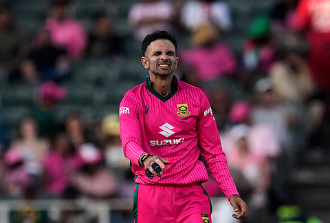 South Africa's bowler Keshav Maharaj reacts after his delivery during the second one day international cricket match between South Africa and Australia, in Johannesburg, South Africa, Sunday, Sept. 27, 2026. 