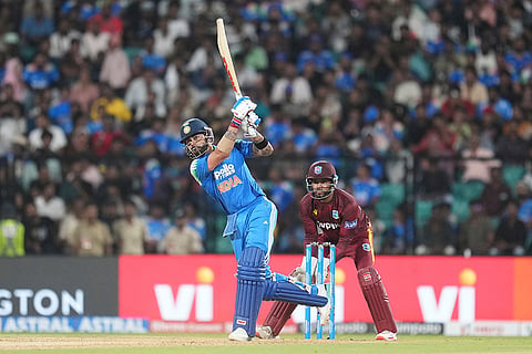 India's Virat Kohli plays a shot during the first one day international cricket match between India and West Indies in Thiruvananthapuram, India.