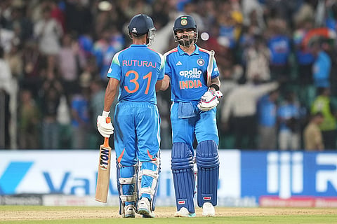India's Virat Kohli, right, and Ruturaj Gaikwad greet each other after winning the first one day international cricket match against West Indies in Thiruvananthapuram, India.