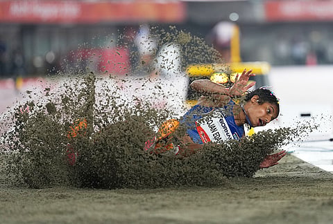 India's Ancy Sojan Edappilly competes in the women's long jump final at the Asian Games in Nagoya, Sunday, Sept. 27, 2026. 