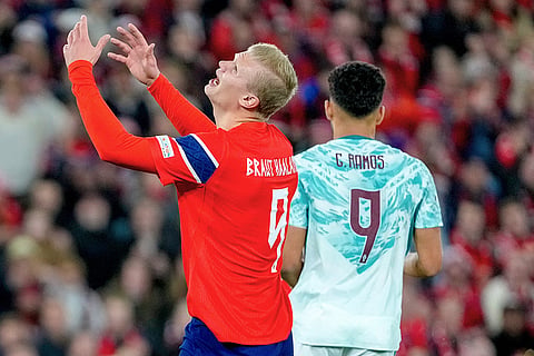 Norway's Erling Haaland reacts during a Nations League soccer match between between Norway and Portugal, in Oslo, Sunday, Sept. 27, 2026. 