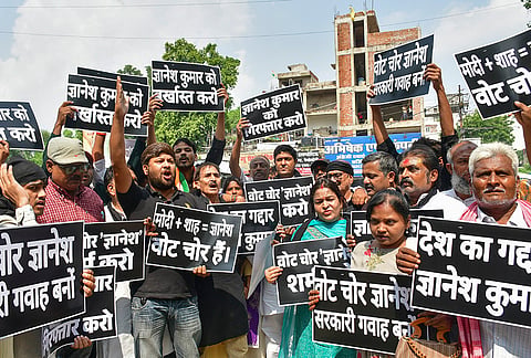 Congress workers stage a protest against Chief Election Commissioner (CEC) Gyanesh Kumar over alleged irregularities in the Special Intensive Revision (SIR) of electoral rolls, in Prayagraj, Monday, Sept. 28, 2026. 