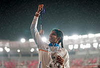 Ancy Sojan Fights Hard To Claim Women's Long Jump Silver At Asian Games 2026 | Photo: PTI/Arun Sharma : India's Ancy Sojan Edappilly poses on the podium after securing the silver medal in the women's long jump event during the ongoing Asian Games, in Nagoya, Japan, Monday, Sept. 28, 2026.
