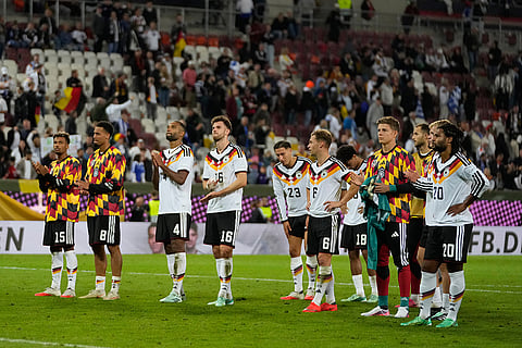 German players apploud to their fans after the UEFA Nations League soccer match between Germany and Greece in Augsburg, Germany, Sunday, Sept. 27, 2026.