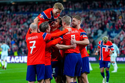 Norway celebrates after Erling Haaland equalized to 1-1 the Nations League soccer match with Portugal, in Oslo, Sunday, Sept. 27, 2026.