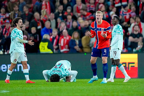 Norway's Erling Haaland reacts during a Nations League soccer match between between Norway and Portugal, in Oslo, Sunday, Sept. 27, 2026.