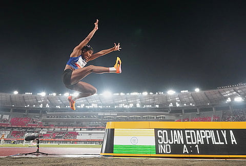 India's Ancy Sojan Edappilly competes in the women's long jump final at the Asian Games in Nagoya, Japan, Sunday, Sept. 27, 2026.
