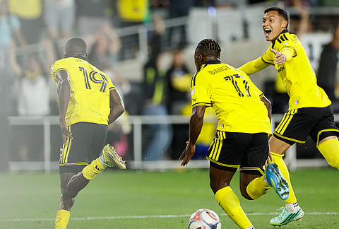 Columbus Crew's Jamal Thiare, left, celebrates after his goal against Inter Miami during the second half of an MLS soccer match, Sunday, Sept. 27, 2026, in Columbus, Ohio.  