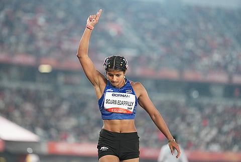 India's Ancy Sojan Edappilly competes in the women's long jump final at the Asian Games in Nagoya, Sunday, Sept. 27, 2026. 