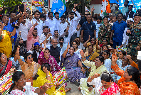Jharkhand Congress leaders and workers take part in a protest against Chief Election Commissioner Gyanesh Kumar, in Ranchi, Jharkhand, Monday, Sept. 28, 2026. 