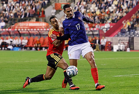 Belgium's Youri Tielemans, left, and France's Maxence Lacroix fight for the ball during the UEFA Nations League soccer match between Belgium and France in Brussels, Belgium, Monday, Sept. 28, 2026.  
