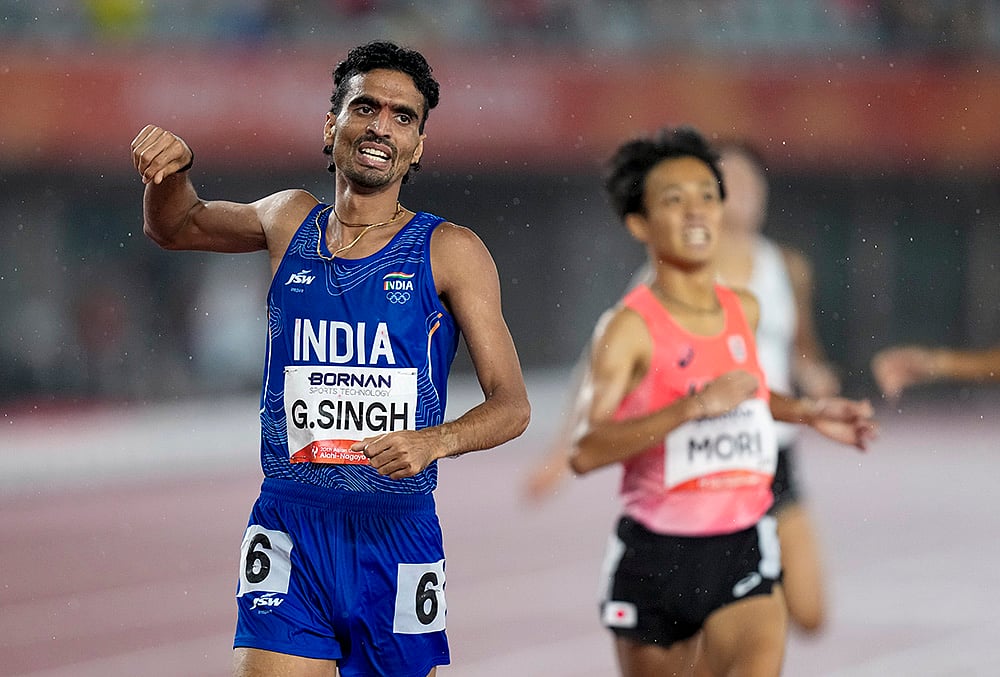 India’s Gulveer Singh celebrates after winning silver medal in men’s 1500 meter final event in the ongoing 20th Asian Games 2026, in Nagoya, Japan, Monday, Sept. 28, 2026.  - | Photo: PTI/Arun Sharma