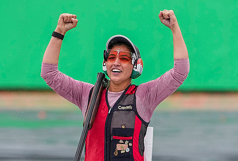 India's Neeru Dhanda celebrates after winning the gold medal in the women's trap shooting individual event during the ongoing 20th Asian Games, in Nagoya, Japan, Tuesday, Sept. 29, 2026. 