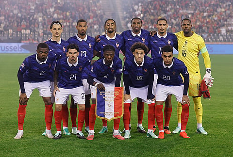 French players pose before the UEFA Nations League soccer match between Belgium and France in Brussels, Belgium, Monday, Sept. 28, 2026.