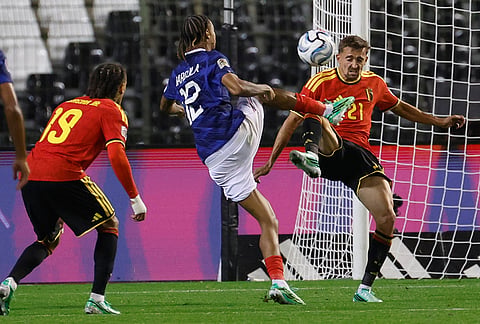 France's Bradley Barcola, left, and Belgium's Timothy Castagne fight for the ball during the UEFA Nations League soccer match between Belgium and France in Brussels, Belgium, Monday, Sept. 28, 2026. 
