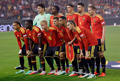 Belgian players pose before the UEFA Nations League soccer match between Belgium and France in Brussels, Belgium, Monday, Sept. 28, 2026. 

