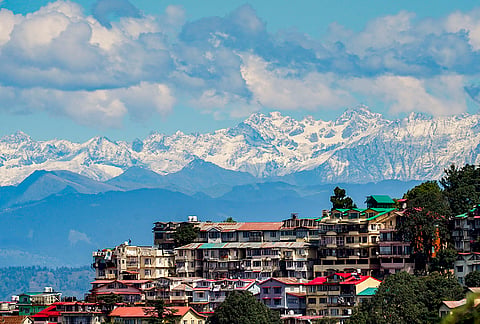 Snow-covered Himalayan peaks seen from Shimla after fresh snowfall in the higher reaches of Spiti and Kinnaur, bringing a early winter chill across Himachal Pradesh.