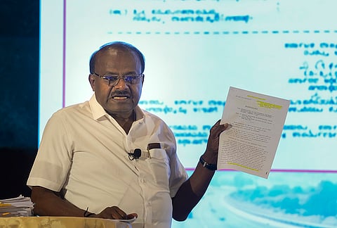 Union Heavy Industries and Steel Minister HD Kumaraswamy addresses a press conference, in Bengaluru, Karnataka.