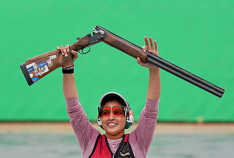 India's Neeru Dhanda celebrates after winning the gold medal in the women's trap shooting individual event during the ongoing 20th Asian Games, in Nagoya, Japan, Tuesday, Sept. 29, 2026.