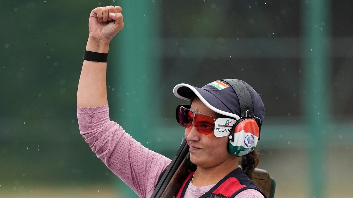 Neeru Dhanda celebrating after winning the gold medal in individual women's trap final in Asian Games 2026 - PTI