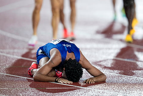 India’s Gulveer Singh celebrates after winning silver medal in men’s 1500 meter final event in the ongoing 20th Asian Games 2026, in Nagoya, Japan, Monday, Sept. 28, 2026. 