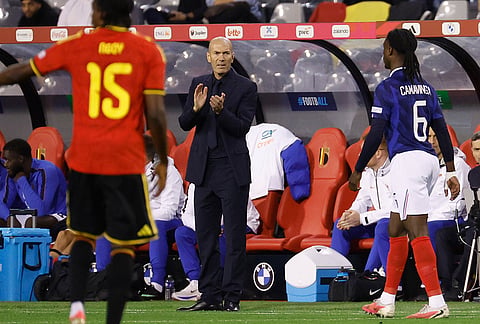 France's coach Zinedine Zidane reacts during the UEFA Nations League soccer match between Belgium and France in Brussels, Belgium, Monday, Sept. 28, 2026. 
