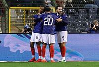 | Photo: AP/Geert Vanden Wijngaert : French players celebrate first goal during the UEFA Nations League soccer match between Belgium and France in Brussels, Belgium, Monday, Sept. 28, 2026. 