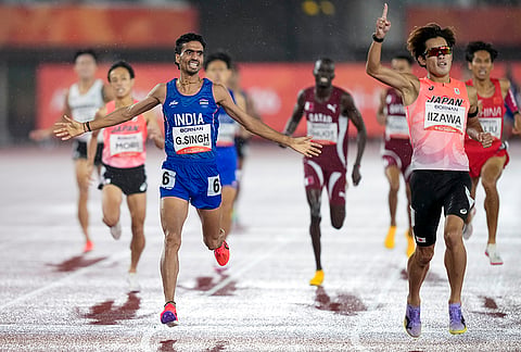 India’s Gulveer Singh celebrates after winning silver medal in men’s 1500 meter final event in the ongoing 20th Asian Games 2026, in Nagoya, Japan, Monday, Sept. 28, 2026. 